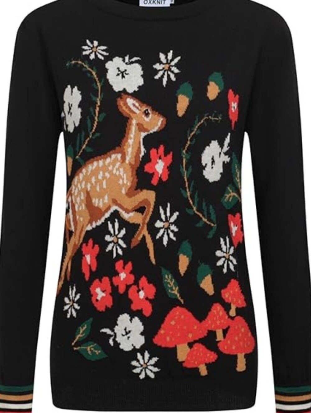 Oxknit Black Deer & Floral Crewneck Sweater